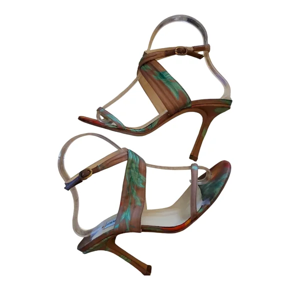 Jimmy Choo Green, Orange& Brown Tropical Ankle Elegant Stiletto Buckle Heels - Picture 7 of 12